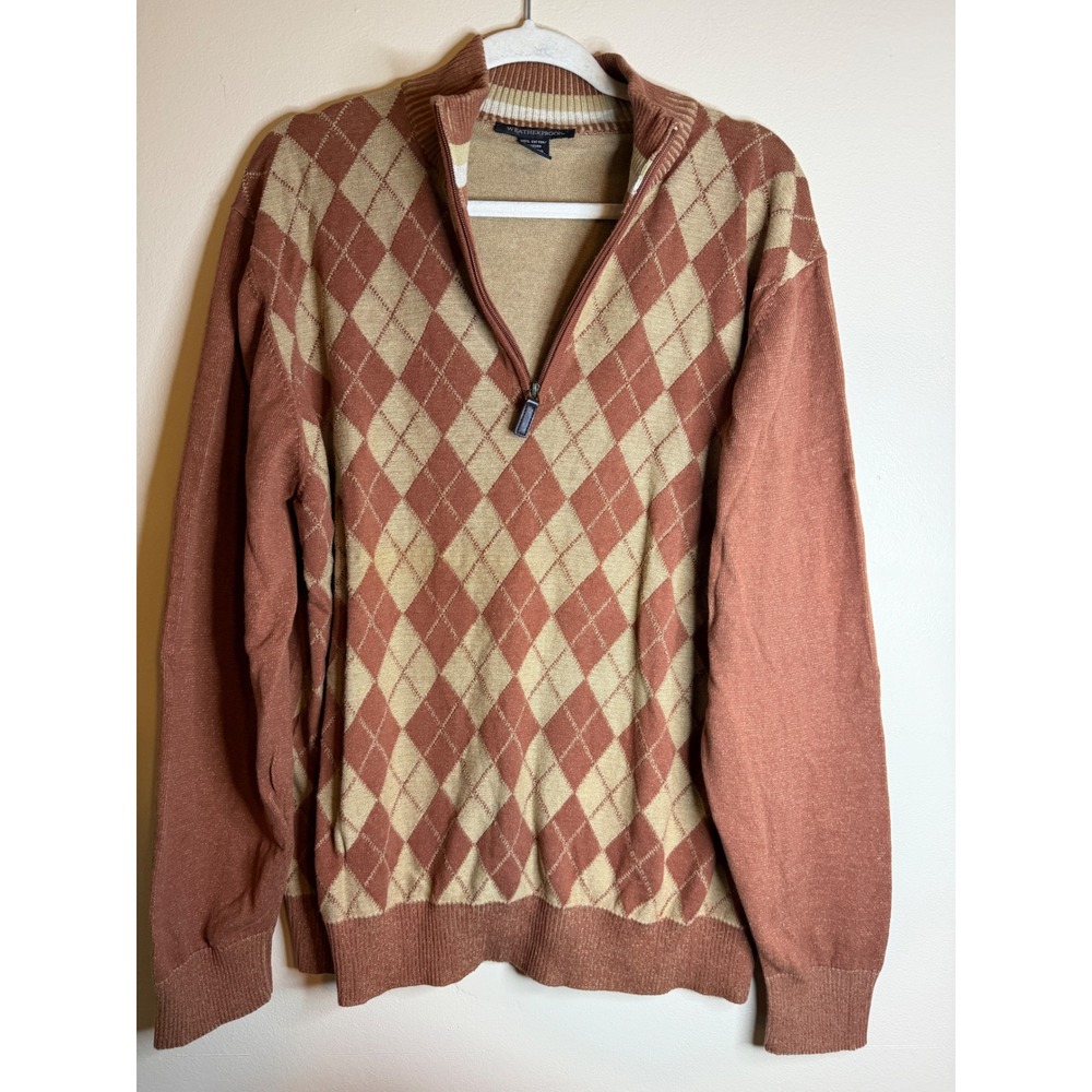 Weatherproof Mens XL Argyle Quarter Zip Sweater Brown Tan 100% Cotton Preppy